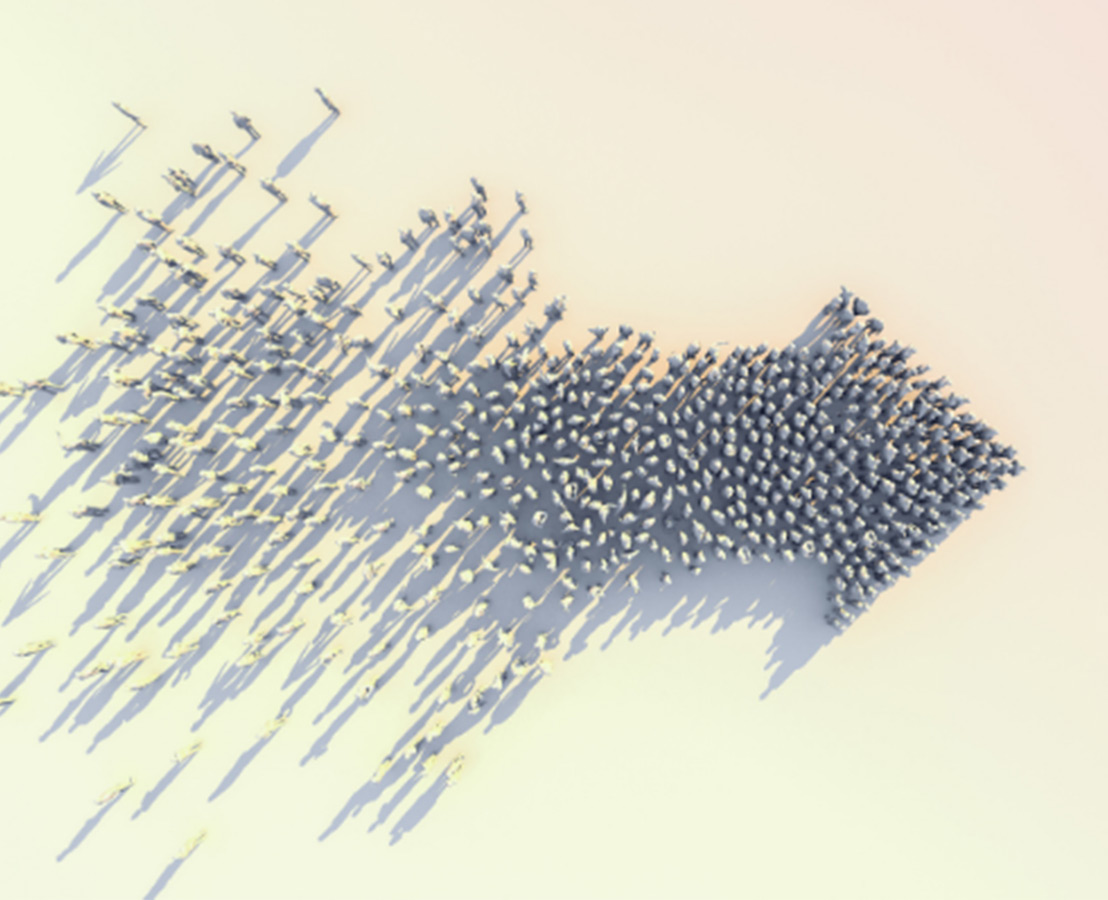 Grupa malih figura koje zajedno formiraju oblik strelice usmerene nadesno, simbolizujući zajedništvo i napredak.