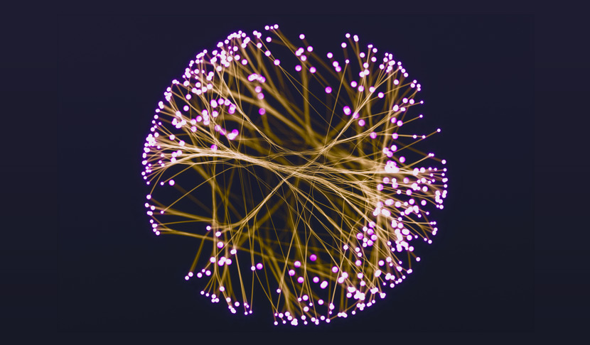 Apstraktna ilustracija u obliku sfere sastavljene od međusobno povezanih niti i čvorova, simbolizujući povezivanje i saradnju